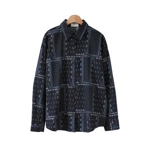 Kanske är du Kvinnor ner Collar Print Shirt Långärmad Boho Ljusblå Navy Spring B0696 210529