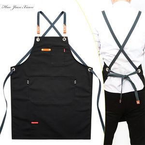 Moda Unisex Trabalho Aventais Para Homens Lona Preto Bib Ajustável Cozinhar Cozinha Mulher S With Tool Bolsos 210625