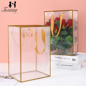 Confezione di fiori per fioristi Borsa per pacchetti di bouquet di fiori in PVC trasparente con manico Borsa per confezione regalo di fiori per San Valentino