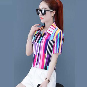 韓国のファッションシフォン女性ブラウスオフィスの女性のシャツとブラウス夏のビンテージ半袖シャツプラスサイズの女性のトップス210531