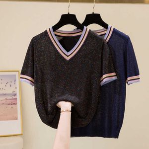 Shiny Lurex Spring Summer V Neck plus size striped Sweater Women Casual Short Sleeve Pullover Knit Jumper Korean Tops 210604