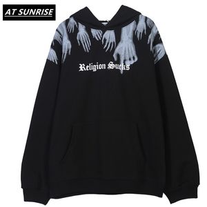 Hands Religion Sucks Print Fleece Hooded Sweatshirts Hoodies Hipster Punk Rock Pullover Tops Casual black 210813