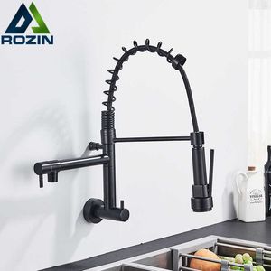 Rozin Matte Black Pull Down Kitchen Faucet Single Cold Water Dual Spouts Kitchen Tap 4 Colors Wall Mounted ABS Nozzle Crane 210724