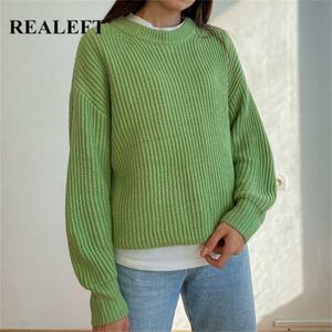REALEFT Women's Pullovers Vintage Korean Style Long Sleeve Round Neck Casual Loose Ladies Knitting Tops Sweaters Winter 211215