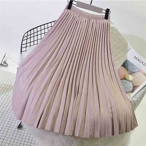 Two Layer Spring Women Suede Skirt Long Pleated Skirts Top Brand Womens Saias Midi Faldas Vintage Women Midi Skirt 210730