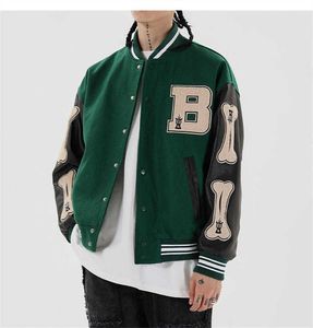 2021 Höst Hip Hop Trendy Suit Bone Patchwork Color + Square Harajuku Street Style Baseball Jacket Mäns Baseball Jacka Unisex X0710