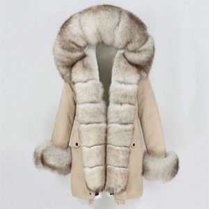 Oftbuy Mode Vinterjacka Kvinnor Real Fur Coat Naturlig Real Fur Collar Loose Long Parkas Big Fur OuterWear Avtagbar 210925