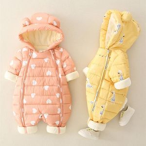 Down Coat Born Girl Cotton Kombinezony Pajacyki Baby Kombinezon Z Kapturem Plus Velvet Ciepły Zimowe Nosić Chłopcy Snowuit Maluch Snow Suit