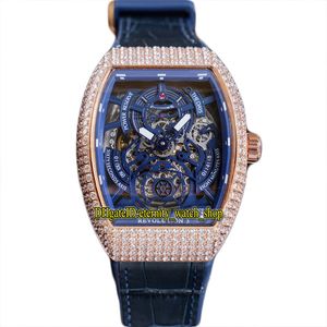 Herrenkollektion Revolutio 3 V 50 V 45 SC DT Automatik-Herrenuhr, blaues Skelett-Zifferblatt, 316L-Stahl, Roségold, Diamant-Eis-Out-Gehäuse, Lederarmband, Ewigkeits-Schmuckuhren