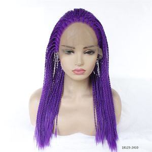 Hd Box Pleciony Kręcone Syntetyczna Koronka Przednia Peruka Purpurowa Symulacja Kolor Ludzki Włosy Frontal Braid Wigs 18123-2410