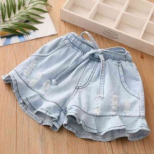 Moda estiva 3-6 8 10 12 anni Bambino Bambini Vestiti Foro Coulisse Cotone Bambini Baby Denim Jeans Shorts Per ragazze 210529