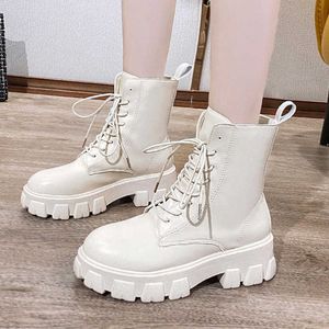 Botas de Tornozelo das Mulheres Moda Moda PU Couro Quente Pelúcia Sapatos Lace Up Feminino Platfrom Curto Boot Boot Boots 2021 Inverno Outono Y1018