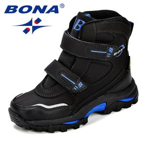 Bona Зимний популярный стиль мальчики сапоги ботинки лодыжки кожа прочный навязки детская обувь теплая удобные снежные ботинки для мальчиков детей 210315