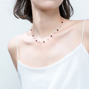 Mloveac Real Sterling Silver Fine Smycken Röd Garnet Stenpärlkedjan Halsband för Kvinnor Ställ Necklace Choker