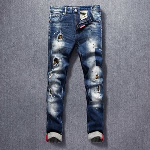 Американская уличная одежда мода мужчины джинсы высочайшего качества ретро темно-синяя эластичная тонкая пригонка разорванные джинсовые брюки лоскутные хип-хоп брюки