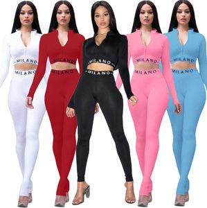 Spadek Designer Kobiety 2 Sztuka Spodnie Zestaw Sexy Letter Drukuj Solidna Z Długim Rękawem Ziper Top Pencli Stroje Ladies Casual Multicolor Garnitury