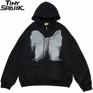 Hip Hop Streetwear Hooded Jacket Män Bowknot Print Coat Höst Harajuku Bomull Casual Outwear Black 211110