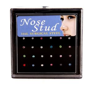 24PCS Crystal Nose Ring Studs Fashion Body Women Girl Smycken Rostfritt Kirurgisk Stål Näsa Piercing Färgglada Rhinestone