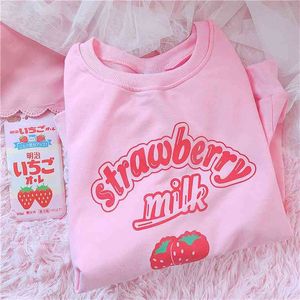 Tumblr Harajuku Kawaii Strawberry Letter Hoodie Sweatshirt Women Kpop Chic cute Pink s warm casual girl top 210805