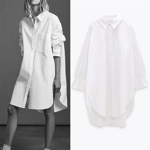 Outono ZA Branco Botão Oversized para cima Camisas Mulheres Blusas Blue Collar Poplin Camisa Manga Longa Plus Size Ladies Tops Bolso 210225