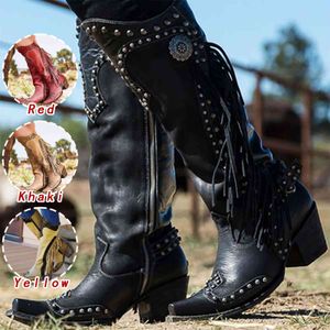 Stövlar kvinnor västerländsk mid kalv pu läder boot damer svart cowboy retro kvinnors arbete oxford skor kvinnlig vintage casual 8h6o