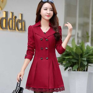 Trench Coat for Women Streetwear Turn-down Collar Slim Fit Double Breasted Lace Spring Long Plus Size 3XL Women Clothes 210625