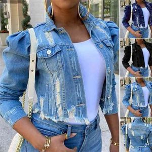 Kvinnor Sexig Ripped Denim Crop Jackets Vintage Casual Short Jean Jacket Puff Sleeve Vinter Kvinna Coat Streetwear 210922