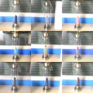 Natural Quartz Gemstone Glass Water Bottle Direct Drinking Cup Glass Crystal Obelisk Wand Healing Wand Bottle with Rope new 201106 335 R2