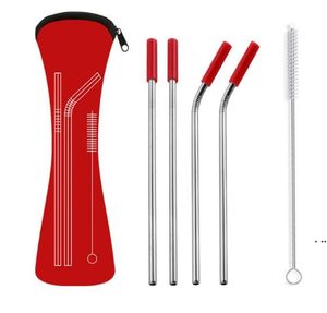 New6Pcs/set Reusable Stainless Steel Straight Bent Drinking Straws with Silicone Tips for Cold Beverage Drink Bar Tools EWF7556