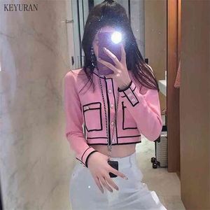 Runway Sweater Cardigan Women Spring Round neck Single Breasted Pink/Red Knitted Jacket Ladies Elegant Knitting Outwear Top 210805