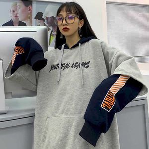 Plus elvet hoodies män kvinnor koreanska stil hajuku brev utskrift lös falska tvådelade par student sweatshirt toppar 210526