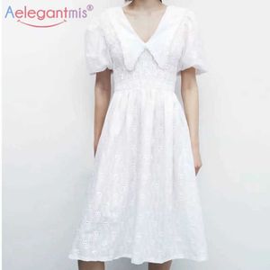Aelegantmis Sexy Peter Pan Kragen Weißes Kleid Frauen Süße Elastische Taille Laterne Hülse Elegante Koreanische Stickerei Vestidos 210607