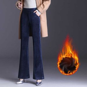 pile spesso caldo invernale pantaloni da lavoro a vita alta pantaloni a zampa d'elefante donna casual taglie forti ufficio formale skinny velluto svasato 210608