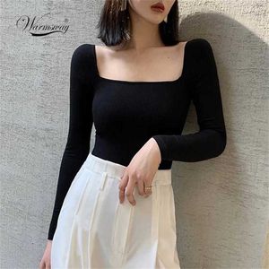 Black Office Lady Elegant Scoop Neck Long Sleeve Solid Mercerized Cotton Pullovers Tee Casual Women Y2K T-Shirt B-076 211120