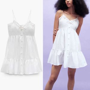 Za Embroidered Straps Mini Summer Dress Women Sleeveless Backless Ruffle Beach Dress Smocked Elastic Pleated White Dresses 210602