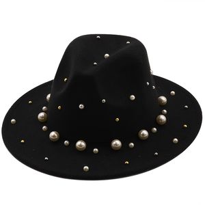 Fedora Donna Cappello Fedora Perla Donna Ragazze Cappelli in feltro per donna Cappellino a tesa larga Donna Jazz Cappellini Panama Primavera Autunno Inverno Commercio all'ingrosso