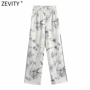 Zevity Women Vintage Ink Flower Print Wide Leg Pants Pajama Female Chic Elastic Waist Pockets Casual Long Trousers P982 210915