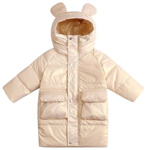 Dziecięca zimowa kurtka w dół średniej długiej kaczki wodoodporna pogruby z kapturem bawełniany płaszcz 211203