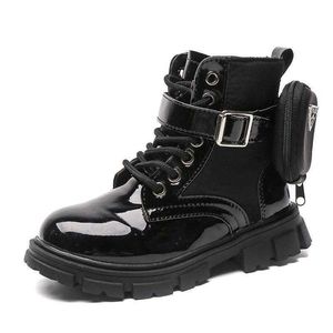 Boots Girls 2021 Autumn Fashion Black British Style Ankle Kids PU Leather Children Winter Shoes Plus Velvet