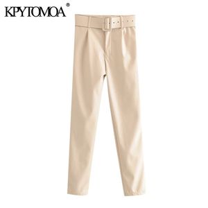 KPYTOMOA Women Chic Fashion With Belt PU Faux Leather Pants Vintage High Waist Zipper Fly Female Ankle Trousers Mujer 211115
