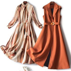 Autumn Winter Long Sleeve Round Neck Blue / Orange Contrast Color Dress + Sleeveless Notched-Lapel Belted Mid-Calf Vest Dress Two Piece Suits 2 Pieces Set 21N0190419