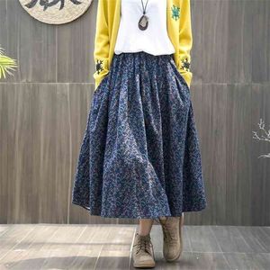 Spring Autumn Arts Style Elastic Waist Cotton Linen A-line Long Skirt Women Loose Casual Vintage Floral high quality S364 210621