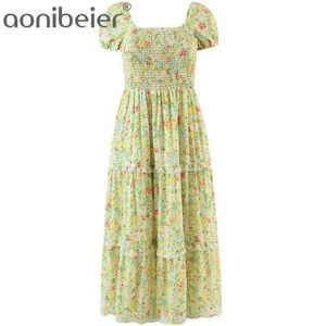 Chic Embroidery Lettuce Trim Summer Printed Casual Beach Dress Puff Sleeve Shirred Body Women Tiered Midi Female 210604