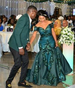 New African Traditional Green Formal Evening Dresses Off The Shoulder Sequins Lace Appliques Long Mermaid Evening Gowns Plus Size Prom Dress