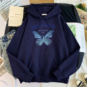 Cute Blue Butterfly Dreamer Felpa con cappuccio Casual Harajuku Felpe con cappuccio Street Fashion Uomo Abbigliamento in pile Tuta calda per uomo Y0804