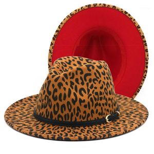 Geniş Kenarlı Şapkalar Fedoras Kırmızı Alt Leapord Desen Fedora Bayan Çanta Moda Silindir Şapka Caz Kadınlar Için Felt1