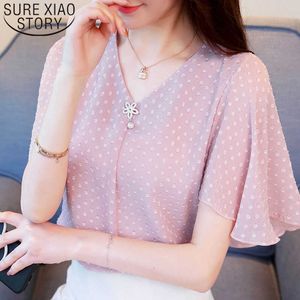 Moda Mulheres Blusa E Tops Ladies Tops Chiffon Blouse Camisa Harajuku Camisa Branca Beading Polka Dot V-Neck curto 3852 50 210527