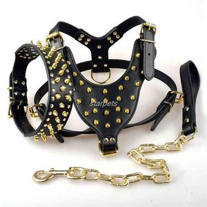 Cool Spiked Studded Leather Dog Harness Rivets Collar and Leash Set For Medium Large Dogs Pitbull Bulldog Bull Terrier 26"-34" 210729