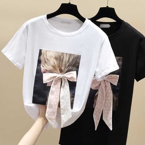 夏の白いTシャツ女性トップスヴィンテージ韓国の服の女性Tシャツカジュアルレースの弓黒ティーシャツ半袖ファッション210604