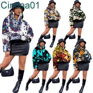 Kvinnor Down Jacket Designer Personlig Camouflage Graffiti Printed Zipper Stand-up Collar New Ladies Bomull Kläder 6 färger S-XXL